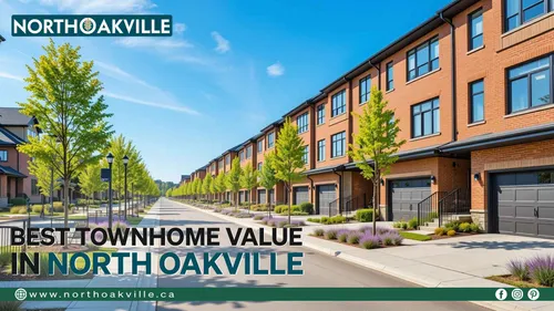 Modern row of newly built brick townhomes in North Oakville with tree-lined street and landscaped sidewalks, promoting best townhome value in 2025